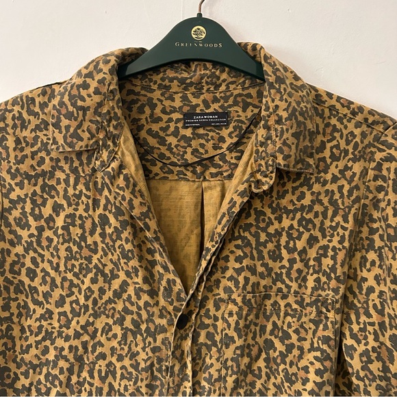 zara permium denim womens uk 16 leopard print brown collared long sleeve top - Picture 2 of 8